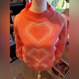 Coral Pink and White Mockneck Heart Sweater